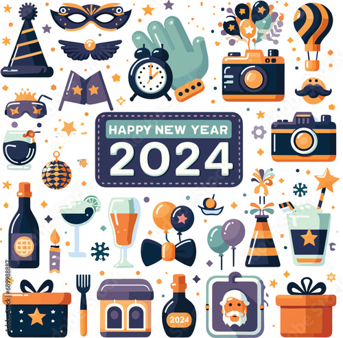 Set of happy new year party 2024 flat vector stickers  illustrations