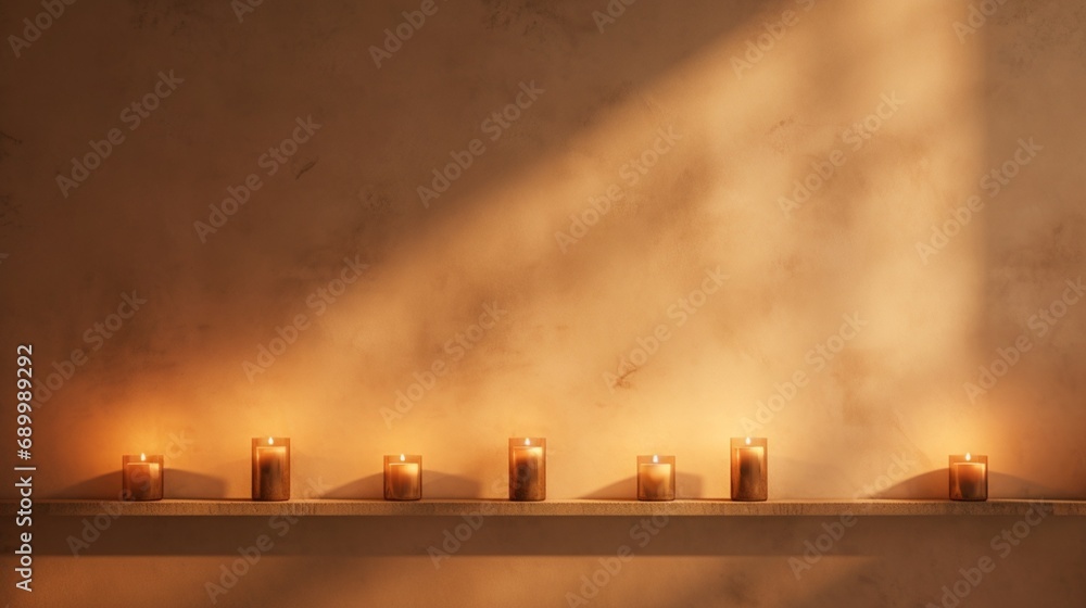 Soft candlelight casts a warm glow on the plain wall, creating a serene