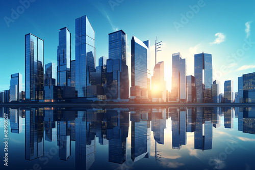 Modern architecture skyline and reflections on the water, blue color scheme 
