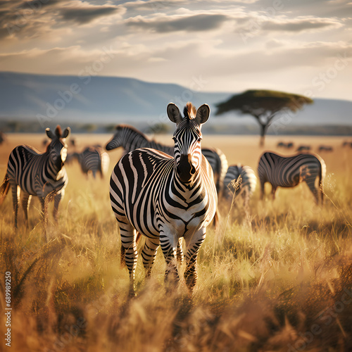 A group of zebras grazing on a grassy plain
