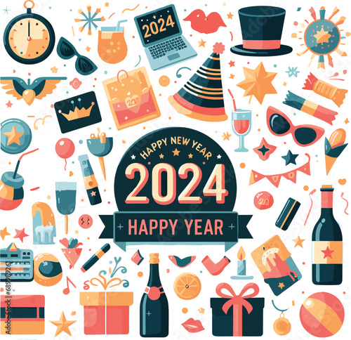 Set of happy new year party 2024  cheerful flat vector stickers, illustrations, 