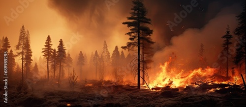 Forest fire destroys young pines and small woods.