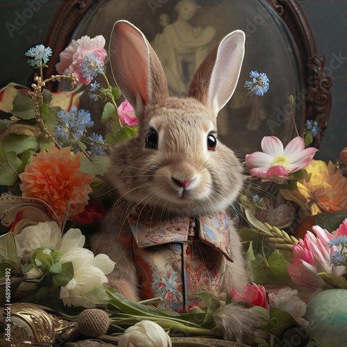 A funny hare in a suit stands among flowers