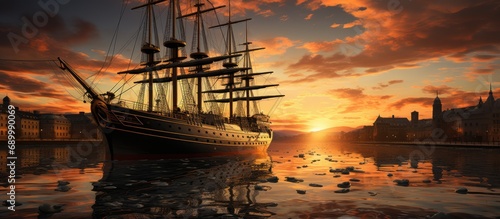 View of the expedition ship harbor with a sunset background