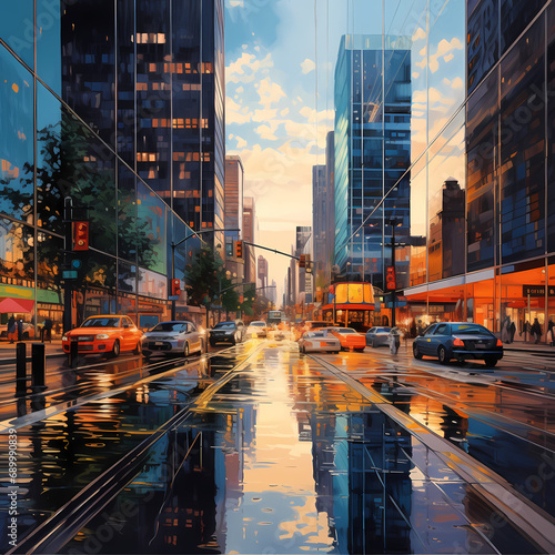 A modern cityscape with reflections in glass buildings