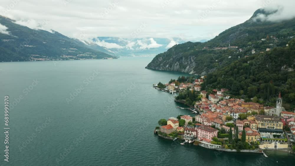 AERIAL: Panoramic Wide Shot of Town Varenna of Lake Como AERIAL: Panoramic Wide Shot of Town Varenna of Lake Como