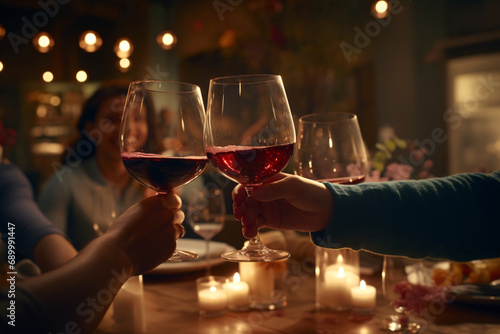 People toasting with wine glasses close-up at dinner