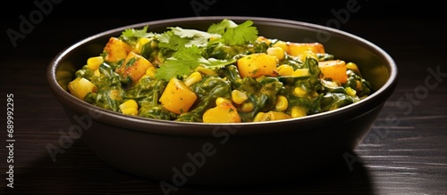 North Indian menu item, Palak sweet corn sabzi, a.k.a. Spinach Makai curry. photo
