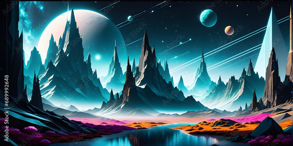 landscape wallpaper with planet view in sky, futuristic retro low poly, AI generated image.