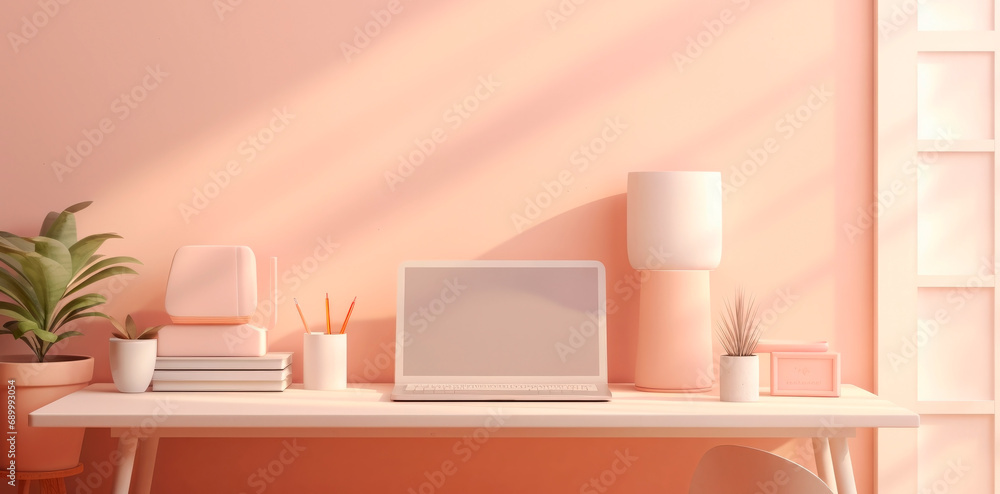 A workspace mock-up with light pastel peach wall A workspace mock-up with light pastel peach wall