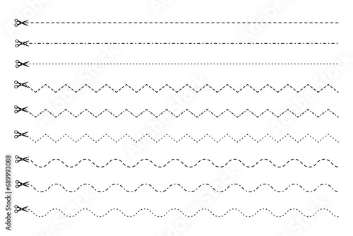 Vector scissors that cut paper along the dotted line in a geometric shape. isolate on white background.