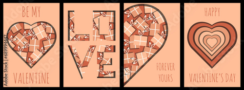 Happy Valentine's Day set Peach fuzz greeting cards, posters, holiday backgrounds cover. Valentine templates with typography in modern cut out geometric style for web site, social media, print