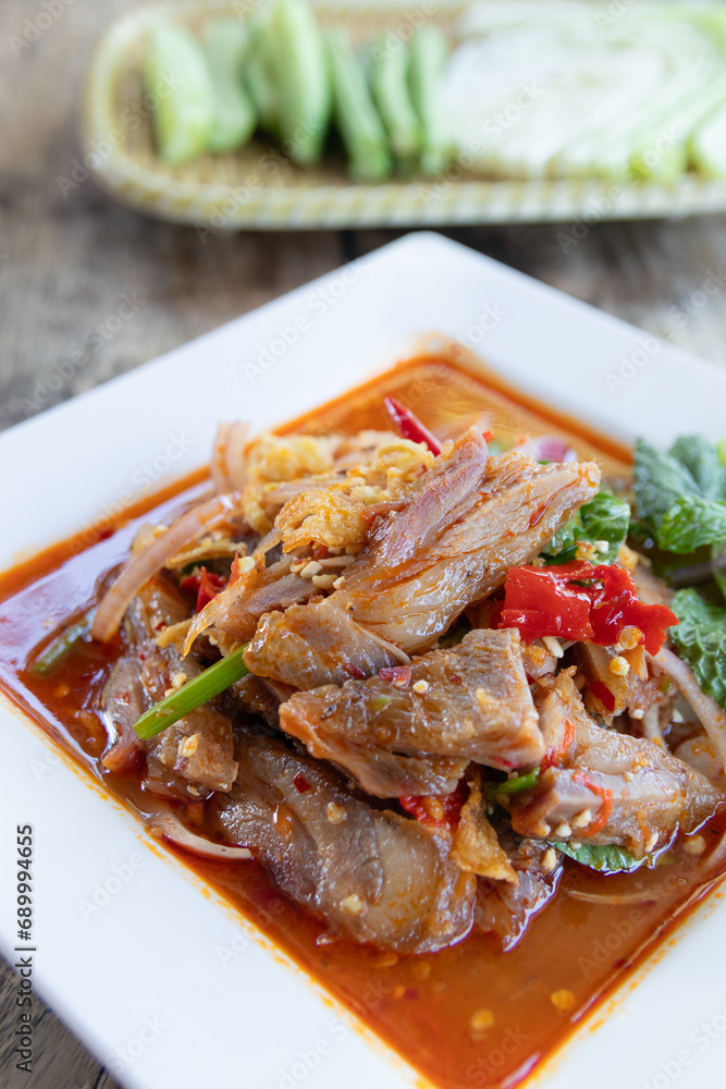 Spicy Grilled Pork Salad on Plate, Thai food Spicy Grilled Pork Salad on Plate, Thai food