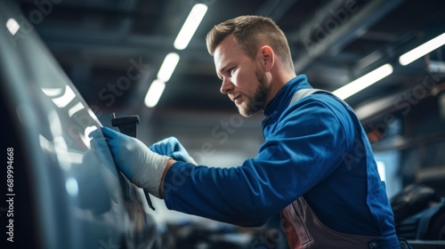 Male mechanic is repairing a car in an auto repair shop.