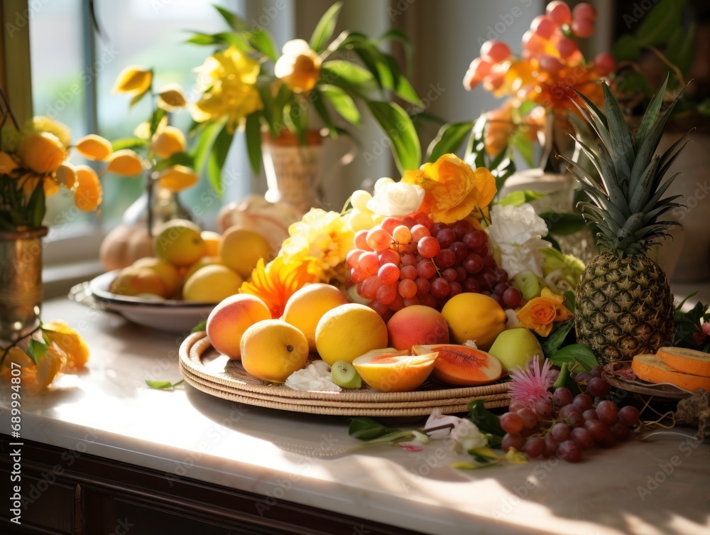 Mixed Fruits on the white dinner table in kitchen room.