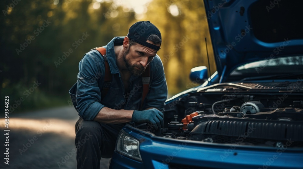 Mechanic male repair a car while travel in the long road.