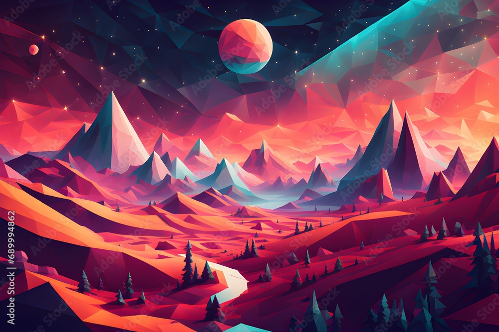 Obraz premium Magical low poly retro futurism landscape, AI generated image