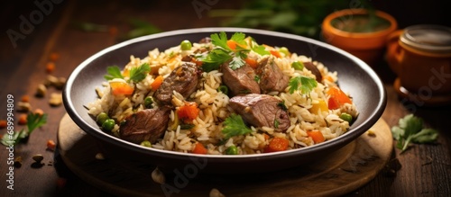 Tasty pork pilaf with rice, garlic, carrot, and onion.