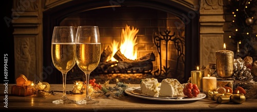 Romantic and vintage-style picture of a festively arranged home interior, with a focused view on champagne, two glasses, and a fireplace.