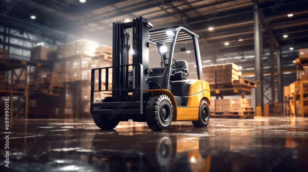 Forklift in a warehouse. Lifting and moving loads.