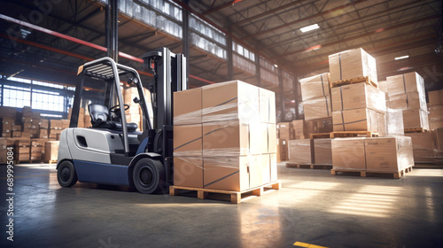 A small forklift on a huge warehouse transports pallets with boxes. Cargo handling.