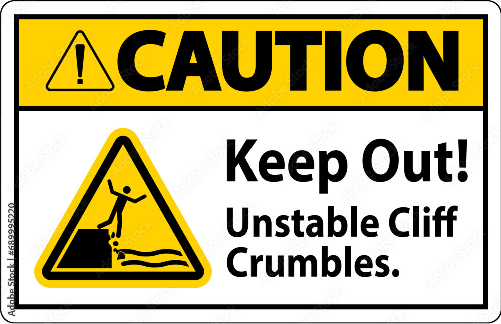 Caution Sign, Keep Out Unstable Cliff Crumbles Caution Sign, Keep Out Unstable Cliff Crumbles
