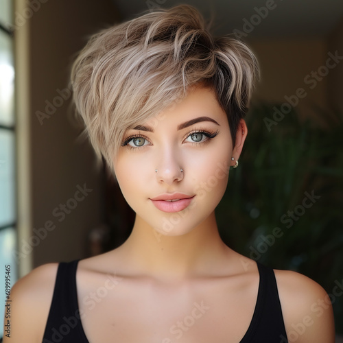Portrait of pretty young woman with short hair