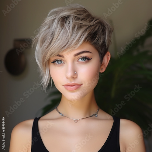 Portrait of pretty young woman with short hair