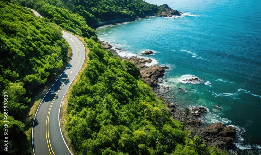 An aerial view of a winding road next to the ocean