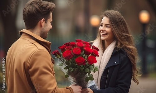 A man holding a bouquet of red roses next to a woman © uhdenis