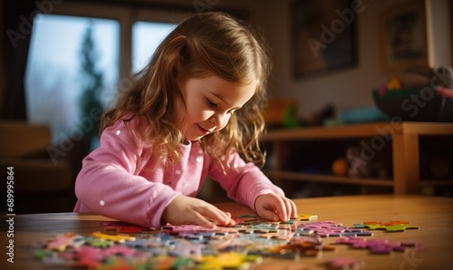 A little girl playing with a puzzle on a table