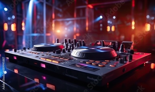 A dj's turntable in a dark room with neon lights photo