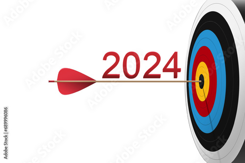 Red arrow hit to center of dartboard with 2024 number. Archery target and bullseye. Business success, New year investment goal, challenge, aim strategy, achievement focus concept.