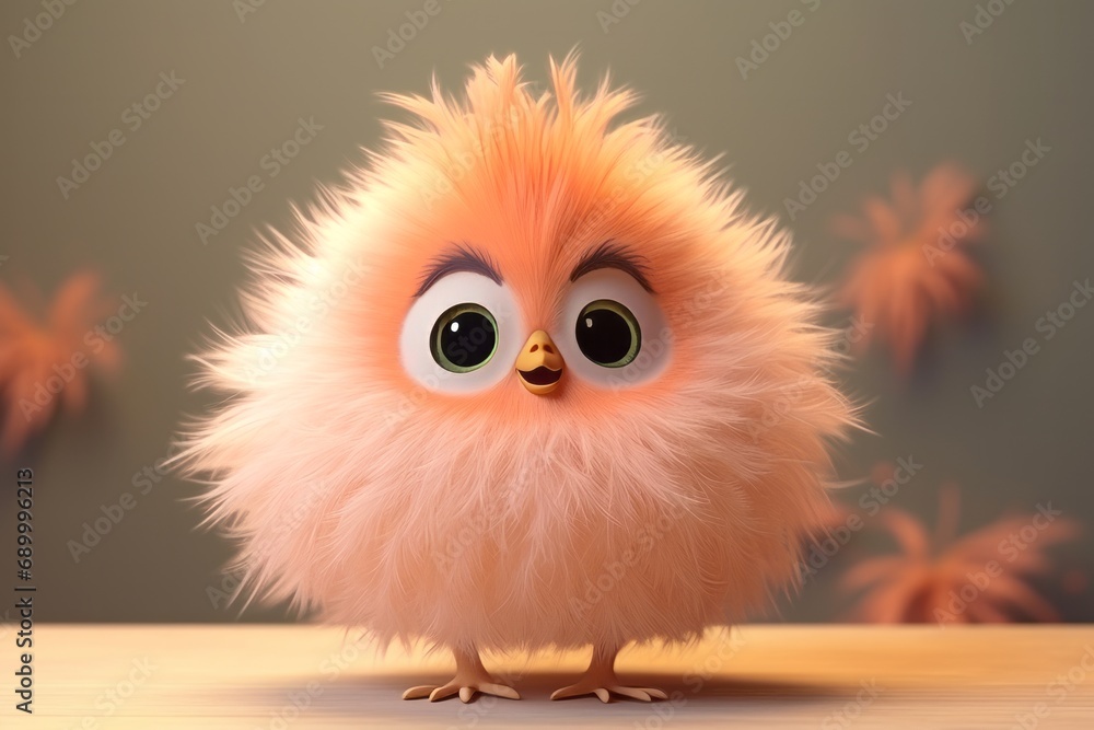Obraz premium Fluffy and cute little bird, cartoon style, peach fuzz color, furry, round body, cute, beautiful big eyes
