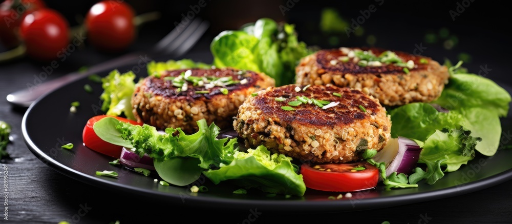 Vegan burgers made with quinoa, broccoli, cauliflower, and served with a side salad. Vegan burgers made with quinoa, broccoli, cauliflower, and served with a side salad.