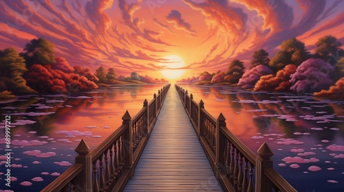 Under the red sunset, a lonely old wooden bridge crosses the quiet lake