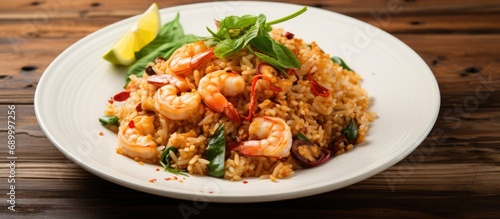 Spicy shrimp and squid fried rice on white plate.