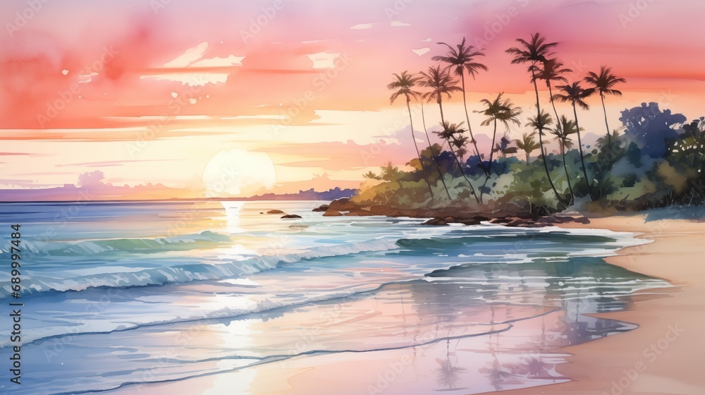 A serene beach at sunset with palm trees swaying in the gentle breeze Side view A serene beach at sunset with palm trees swaying in the gentle breeze Side view