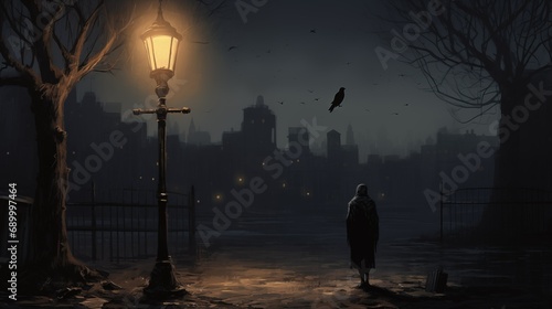 a lone traveler with his crow In a dark alley, a street lamp illuminates the figure of a tramp