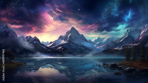 mountain and lake landscape during the twilight hours, the sky painted in surreal colors, the mountains reflecting in the crystal-clear lake