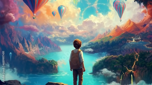 a child exploring a fantasy landscape on a summer day. Use a style inspired by the Antoine Saint-Exupery. The colors should be light photo