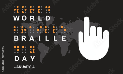 World Braille Day design with a hand symbol and world braille day lettering in braille alphabet. Vector illustration