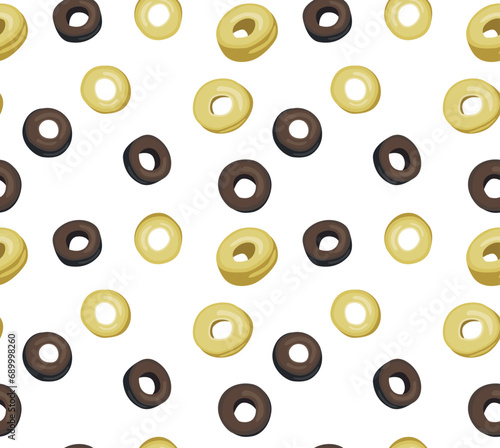 A pattern of black and yellow olives cut into circles. Seamless pattern in vector.