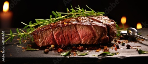 Close-up of beef rump steak on table.