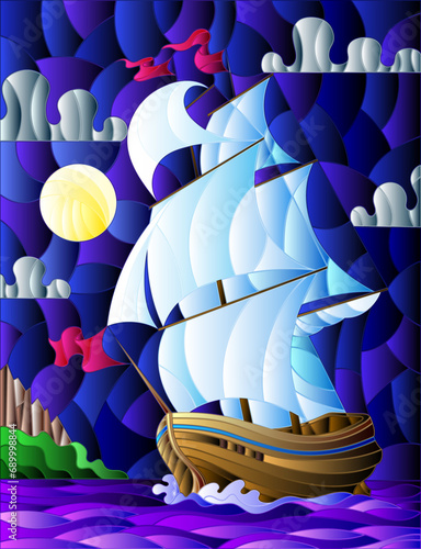 Illustration in stained glass style with sailboats with light sails against the starry sky, the sea and the moon