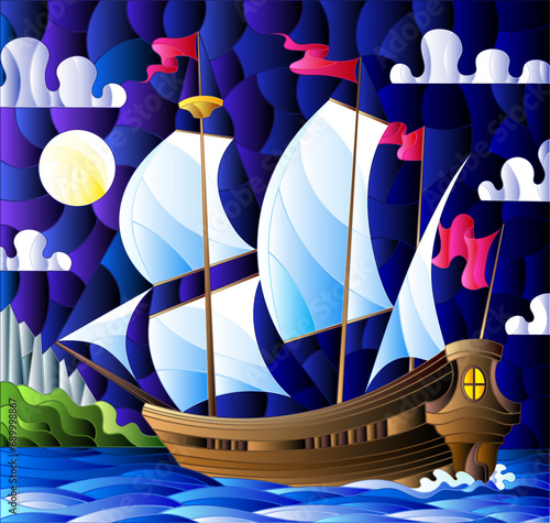 Illustration in stained glass style with sailboats with hite sails against the starry sky, the sea and the moon