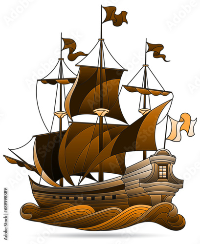 Illustration in the style of a stained glass window with a sailing ship, isolated on a white background, tone brown