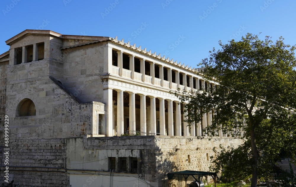 View of the Stoa of Attalos museum in the Ancient Agora, or marketplace of Athens