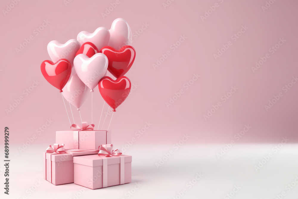 3d render cute gift box with heart balloons copy space  background.