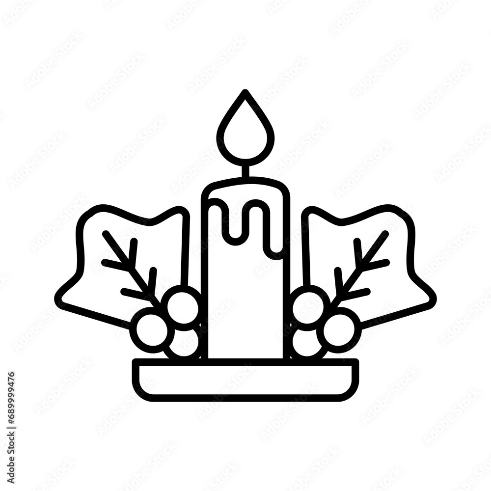 Obraz premium icon Christmas candle and holly berry.isolated white background with line style.